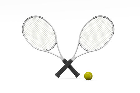 Two tennis rackets with a ball isolated on white - 3D renderの写真素材