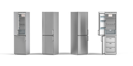 Silver luxury fridge isolated on white background - 3D render - right and left side viewの写真素材