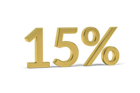 Gold digit fifteen with percent sign - 15% on white background - 3D renderの写真素材