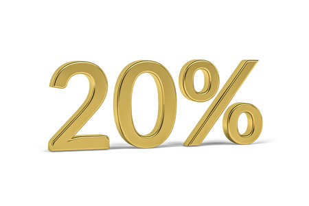 Gold digit twenty with percent sign - 20% on white background - 3D renderの写真素材