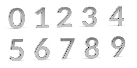 Silver digits - three dimensional digits on white background - 3d render