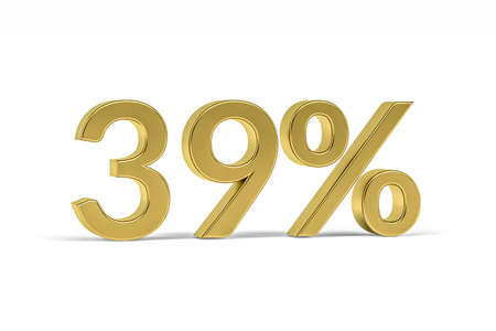 Gold digit thirty nine with percent sign - 39% isolated on white - 3D renderの写真素材