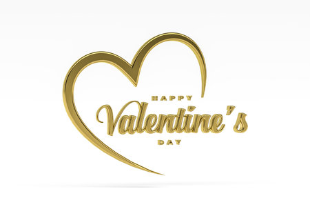 Golden Happy Valentine's Day inscription in a heart - three dimensional graphics isolated on white background - 3d renderの写真素材