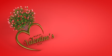 Golden Happy Valentine's Day inscription with a bouquet of roses - three dimensional graphics on a red background with space for text - 3d renderの写真素材