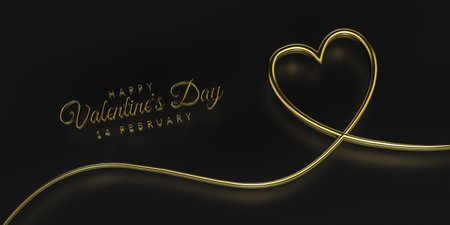 Golden Happy Valentine's Day inscription with heart - three dimensional graphic on black gradient background with reflection - 3d renderの写真素材