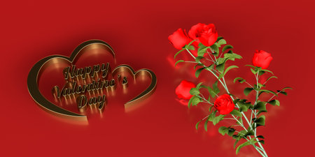 Golden Happy Valentine's Day inscription in the heart - next to the heart lies a bouquet of red roses - 3d render - copy spaceの写真素材