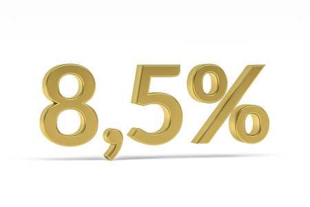 Gold digit eight point five with percent sign - 8.5% isolated on white - 3D renderの写真素材