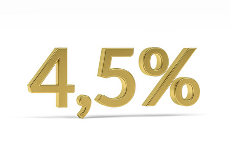 Gold digit four point five with percent sign - 4.5% isolated on white - 3D renderの写真素材
