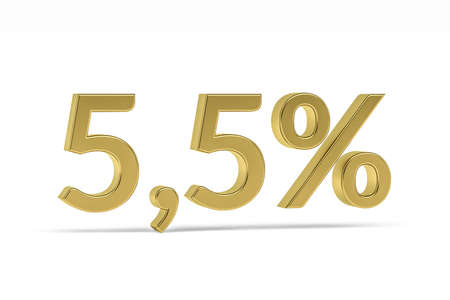 Gold digit five point five with percent sign - 5.5% isolated on white - 3D renderの写真素材