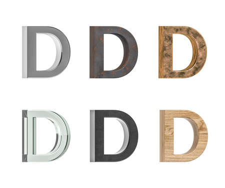 Three dimensional letter D with six types of textures - metal, rust, brass, glass, black plastic, pine wood - isolated on white background - 3d renderの写真素材