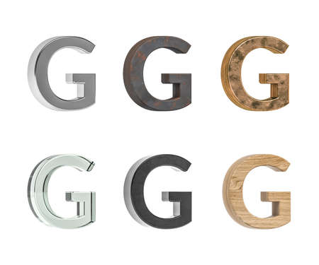 Three dimensional letter G with six types of textures - metal, rust, brass, glass, black plastic, pine wood - isolated on white background - 3d renderの写真素材