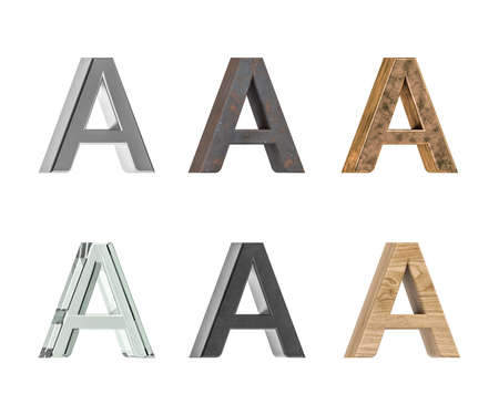 Three dimensional letter A with six types of textures - metal, rust, brass, glass, black plastic, pine wood - isolated on white background - 3d renderの写真素材