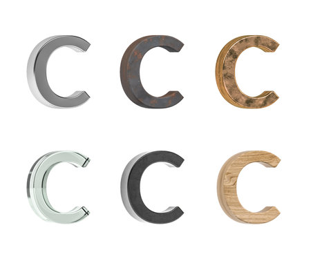 Three dimensional letter C with six types of textures - metal, rust, brass, glass, black plastic, pine wood - isolated on white background - 3d renderの写真素材