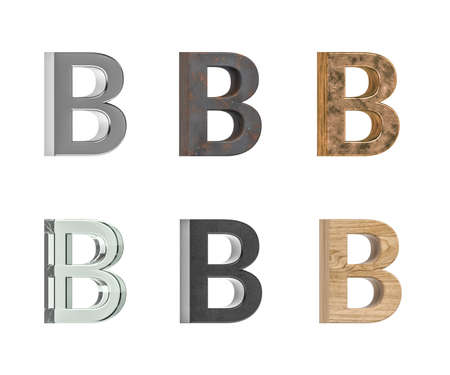 Three dimensional letter B with six types of textures - metal, rust, brass, glass, black plastic, pine wood - isolated on white background - 3d renderの写真素材