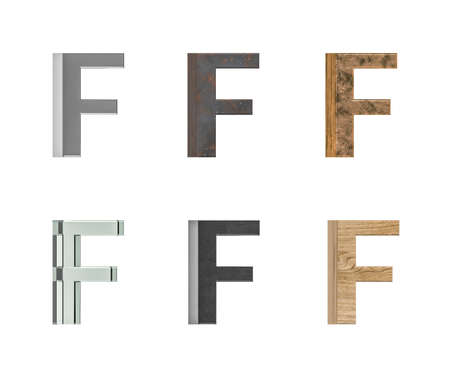 Three dimensional letter F with six types of textures - metal, rust, brass, glass, black plastic, pine wood - isolated on white background - 3d renderの写真素材