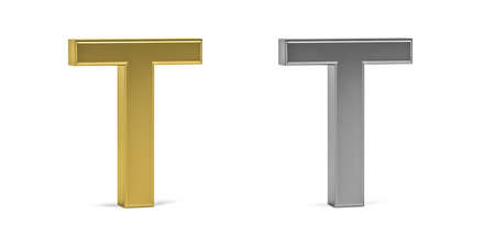 Three dimensional letter T made in two types of materials - gold, aluminum - on white background - 3d renderの写真素材