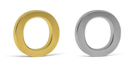 Three dimensional letter O made in two types of materials - gold, aluminum - on white background - 3d renderの写真素材