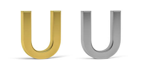 Three dimensional letter U made in two types of materials - gold, aluminum - on white background - 3d renderの写真素材