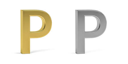Three dimensional letter P made in two types of materials - gold, aluminum - on white background - 3d renderの写真素材