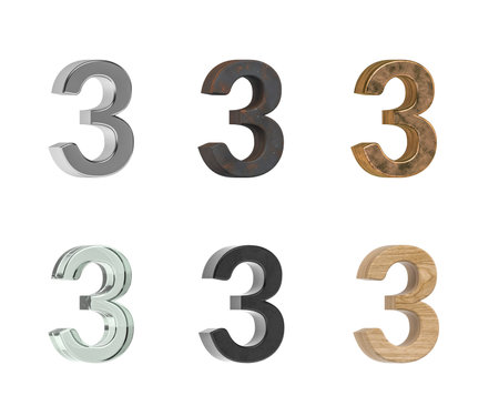 Three dimensional digit 3 with six types of textures - metal, rust, brass, glass, black plastic,...
