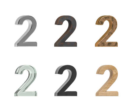 Three dimensional digit 2 with six types of textures - metal, rust, brass, glass, black plastic, pine wood - isolated on white background - 3d renderの写真素材