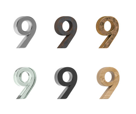 Three dimensional digit 9 with six types of textures - metal, rust, brass, glass, black plastic,...