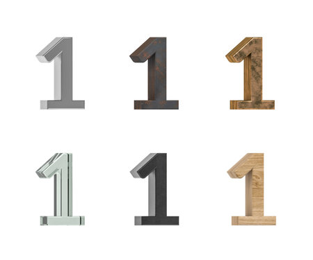 Three dimensional digit 1 with six types of textures - metal, rust, brass, glass, black plastic,...