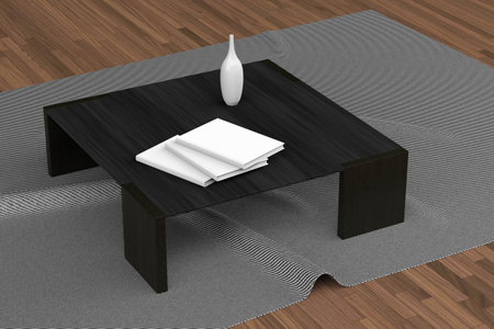 Thin book mockup - three books lie in a pile on a dark brown table standing on a gray carpet - 3D illustrationの写真素材