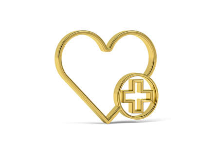 Golden 3d heart icon with plus isolated on white background - 3D renderの写真素材