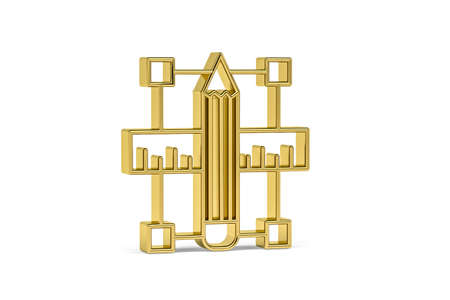 Golden 3d ruler and pencil icon isolated on white background - 3D renderの写真素材