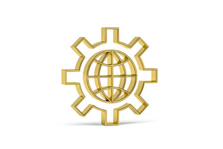 Golden 3d gear globe icon isolated on white background - 3D renderの写真素材
