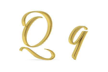 Golden 3d decorative letter Q - three dimensional uppercase and lowercase Q written decorative font on white background - 3d renderの写真素材