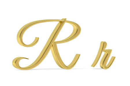 Golden 3d decorative letter R - three dimensional uppercase and lowercase R written decorative font on white background - 3d renderの写真素材