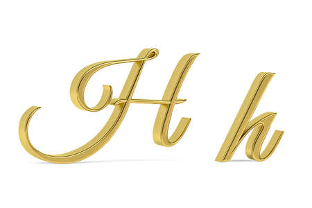 Golden 3d decorative letter H - three dimensional uppercase and lowercase H written decorative font on white background - 3d renderの写真素材