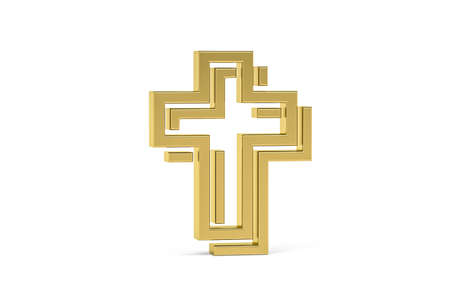 Golden easter 3d icon - golden cross on white background - 3d renderの写真素材