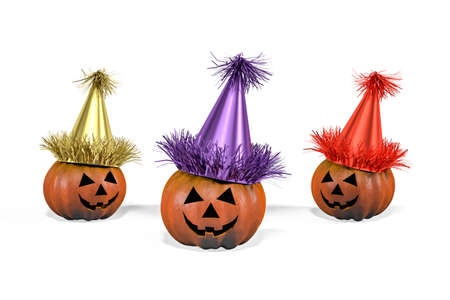 Halloween pumpkins with party hats isolated on white background - 3d renderの写真素材