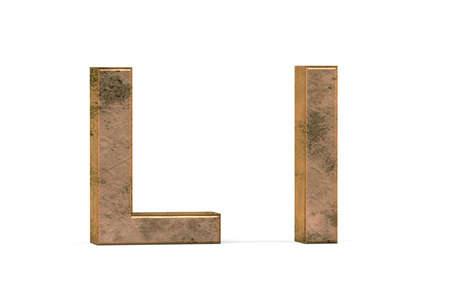 Brass 3D letter L - three dimensional uppercase and lowercase L covered with old brass texture on white background - 3d renderの写真素材