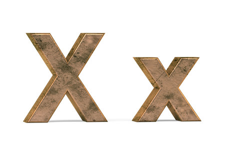 Brass 3D letter X - three dimensional uppercase and lowercase X covered with old brass texture on white background - 3d renderの写真素材