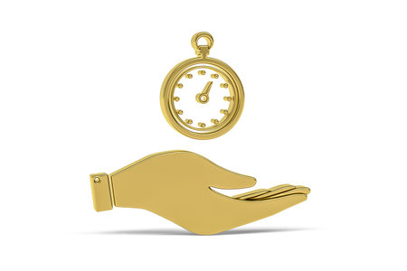 Golden 3d stopwatch on hand icon isolated on white background - 3D render