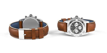 Modern stylish watch with brown leather strap isolated on white background - 3d renderの写真素材