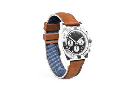 Modern stylish watch with brown leather strap isolated on white background - 3d renderの写真素材