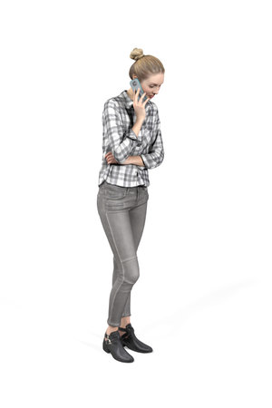 3d illustration of a young standing woman - girl in gray jeans and gray flannel shirt talking on the phone - isolated on a white backgroundの写真素材