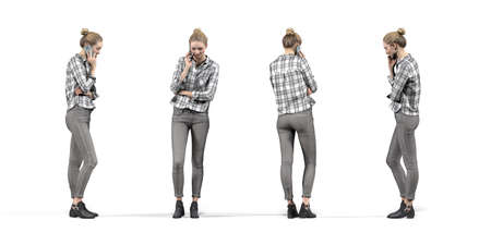 3d illustration of a young standing woman - girl in gray jeans and gray flannel shirt talking on the phone - isolated on a white backgroundの写真素材