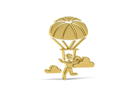 Golden 3d parachuting icon isolated on white background - 3D renderの写真素材