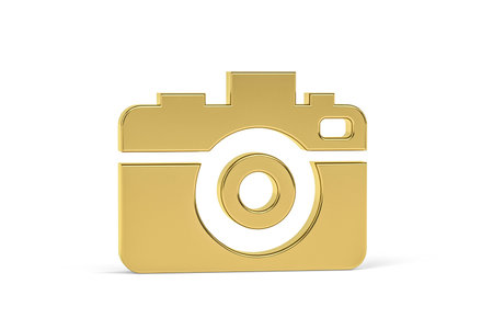 Golden 3d photo camera icon isolated on white background - 3D renderの写真素材