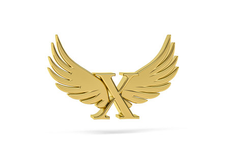 Golden letter X - three dimensional letter X with angel wings on white background - 3d renderの写真素材