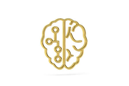 Golden 3d tech brain icon isolated on white background - 3d renderの写真素材