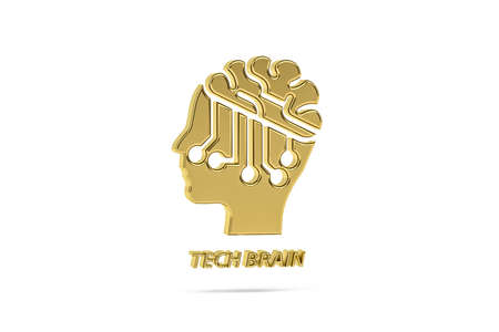 Golden 3d tech brain icon isolated on white background - 3d renderの写真素材