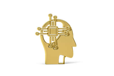 Golden 3d tech brain icon isolated on white background - 3d renderの写真素材