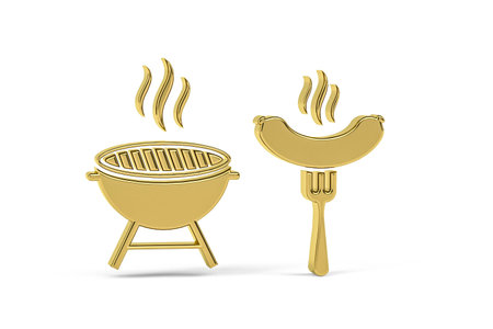 Golden 3d barbecue icon isolated on white background - 3d renderの写真素材